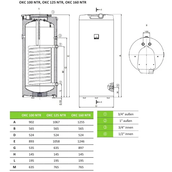 Warmwasserspeicher mit 1 Wärmetauscher, Standspeicher indirekt beheizt 100 Liter Warmwasserspeicher mit 1 Wärmetauscher OKC 100 NTR