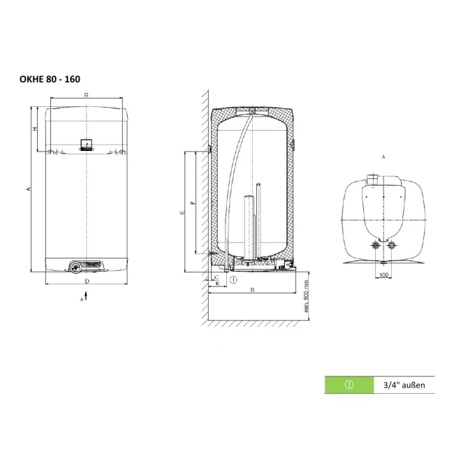 Elektrisch beheizter Warmwasserspeicher mit verschleißfreiem Keramikheizelement - inkl. Sicherheitsventil - ECKIGE Ausführung 125 Liter Boiler 2200W OKHE 125