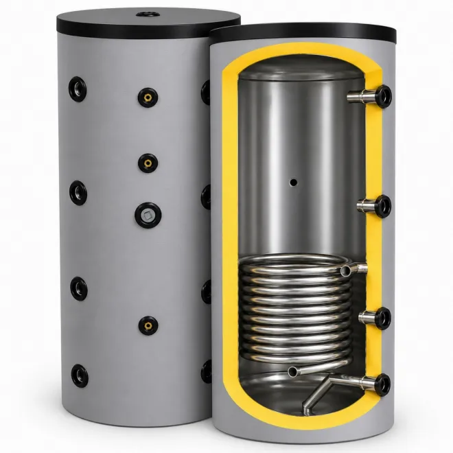 Pufferspeicher mit 1 Wärmetauscher mit fester Isolierung und 11/2 Aufnahme 200 Liter Pufferspeicher mit 1 Wärmetauscher BCS 200