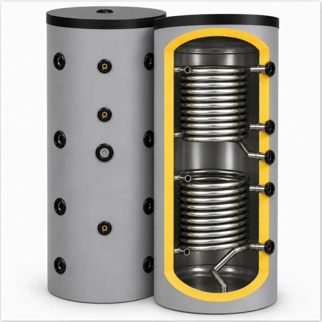 Pufferspeicher mit 2 Wärmetauscher mit fester Isolierung und 11/2 Aufnahme 200 Liter Pufferspeicher mit 2 Wärmetauscher BCS2 200