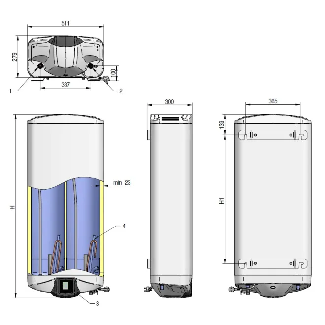 Elektroboiler Warmwasserspeicher WiFi - mit 3,3 kW 230 Volt zur HORIZONTALEN oder VERTIKALEN Montage - 2-Kammer-System - Gehäusetiefe NUR 30cm - 80 Liter Galant DU080W-W