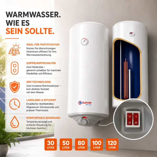 Elektrospeicher Warmwasserspeicher Boiler 30-120 Liter mit Dry-Technologie, Doppelwippschalter, ideal für Photovoltaik, wandhängend ES/DRY 30 WVY