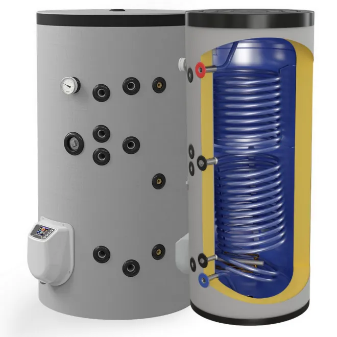 Kombispeicher mit intelligenter elektronischer Steuerung - Standspeicher Warmwasserspeicher leistungsstark mit 2 Wärmetauscher und Heizstab 3 bis 9 kW, mit Zirkulationsanschluß - 150 - 500 L Liter 300 L Kombispeicher mit elektronischer Steuerung FV30067S2E