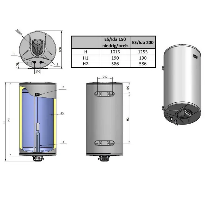Elektrospeicher Warmwasserspeicher mit verschleißfreiem Keramikheizstab - wandhängender Boiler 200 Liter 2200W 72281DC