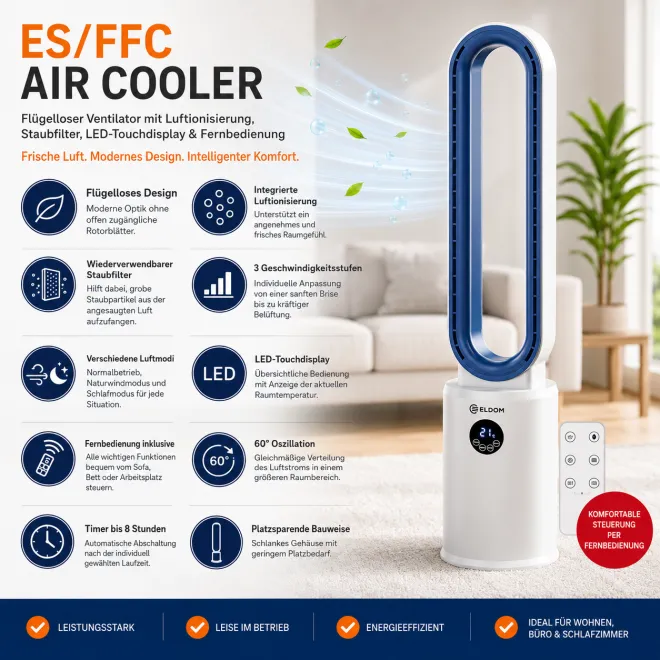 Ventilator mit Luftionisierung, Staubfilter, LED-Touchdisplay, Fernbedienung ES/FFC Air Cooler White/Blue
