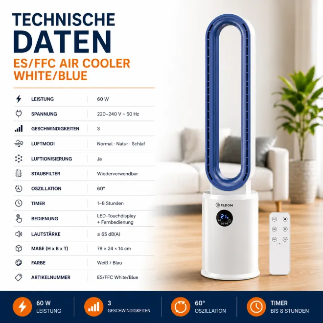 Ventilator mit Luftionisierung, Staubfilter, LED-Touchdisplay, Fernbedienung ES/FFC Air Cooler White/Blue