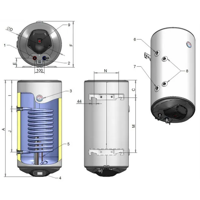 Kombiwarmwasserspeicher wandhängende elektrische Warmwasserspeicher/Solarspeicher 120L Kombiwarmwasserspeicher Wärmetauscher Rechts WV12046SRE