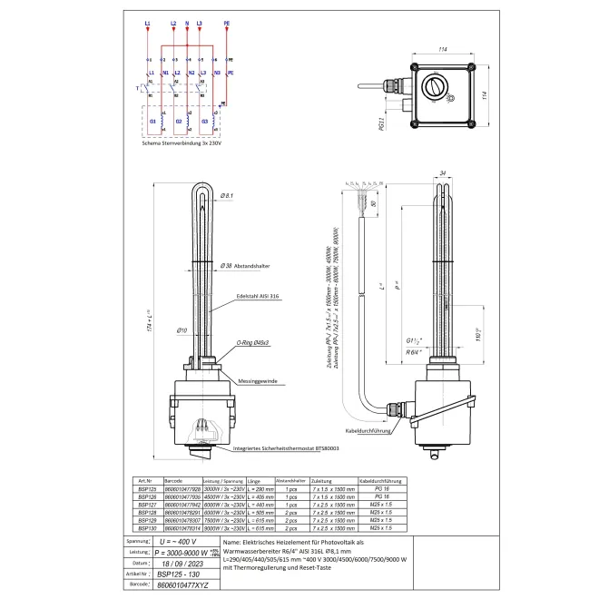 Edelstahl Elektroheizstäbe ideal für PHOTOVOLTAIK - Leistungsstufen wählbar - Heizelemente von 3,0 bis 9,0 kW mit Einschraubgewinde 1 1/2 Zoll