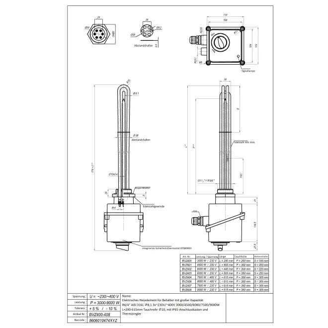Edelstahl Elektroheizstäbe von 3,0 bis 15 kW mit Einschraubgewinde 1 1/2 Zoll ab 10kW 2