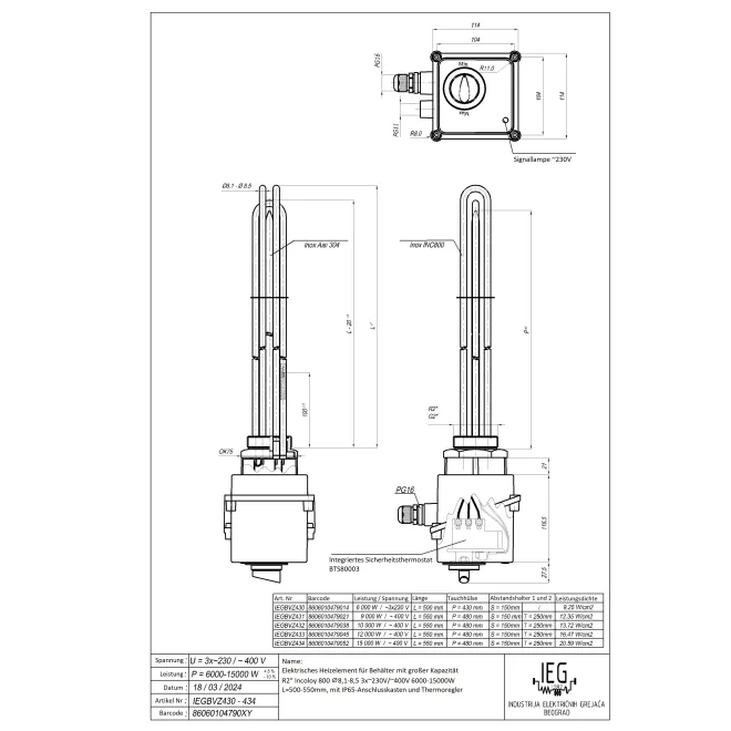 Edelstahl Elektroheizstäbe von 3,0 bis 15 kW mit Einschraubgewinde 1 1/2 Zoll ab 10kW 2