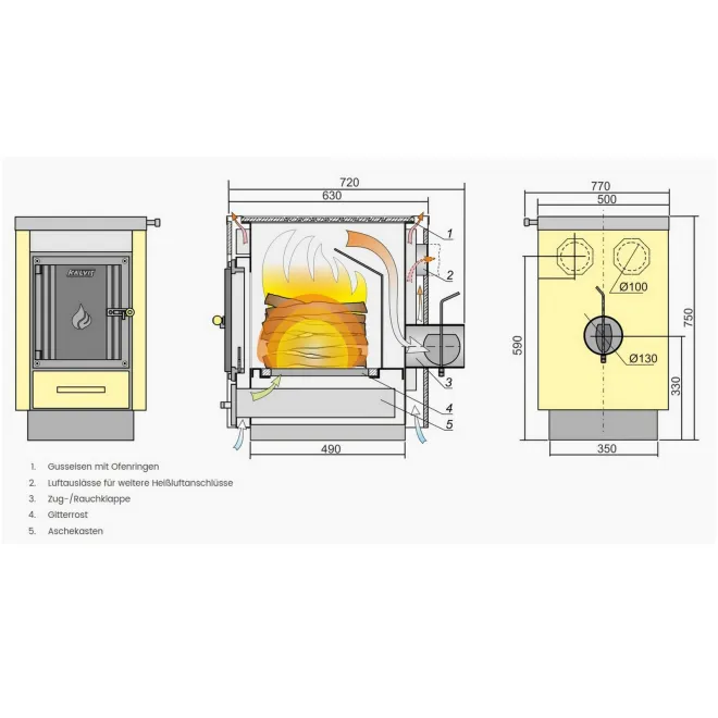 Holzbefeuerter Warmluftofen - Küchenofen mit Ofenringen - für 40 - 90 m²
