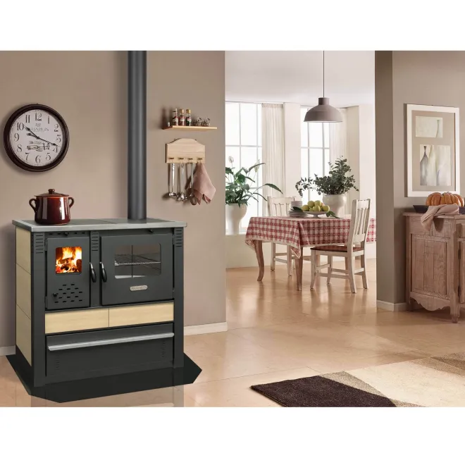 Holzbefeuerter Küchenofen mit Schamottauskleidung und Backfach - 10,5 kW Heizleistung - BImSchV Stufe 2 - Edelstahlverkleidung