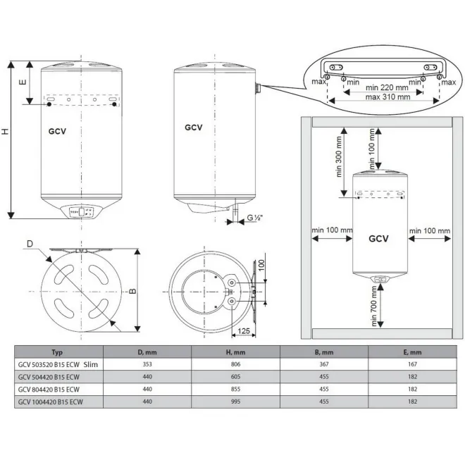 Elektrischer Warmwasserspeicher mit elektronischer Steuerung und WiFi- Appsteuerung 50L -Slim- in langer/schlanker Ausführung GCV503520 ECW