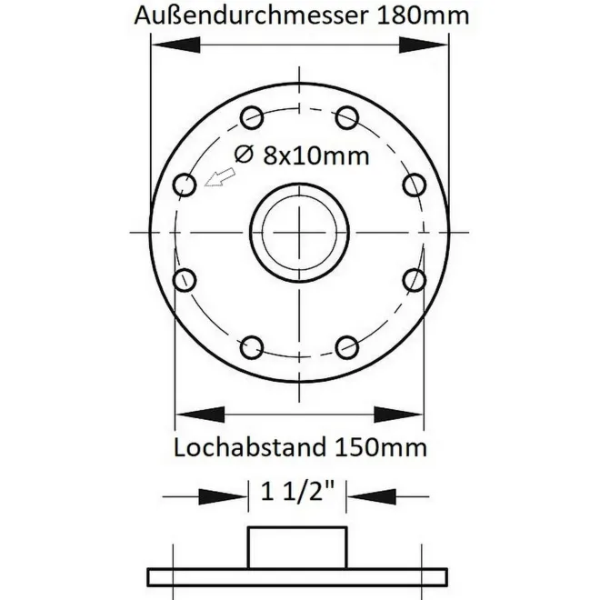 Flanschdeckel mit 1 1/2 Zoll Aufnahme mit Dichtung - Adapter Flanschplatte 6/4 Zoll - 8 Loch - 150mm