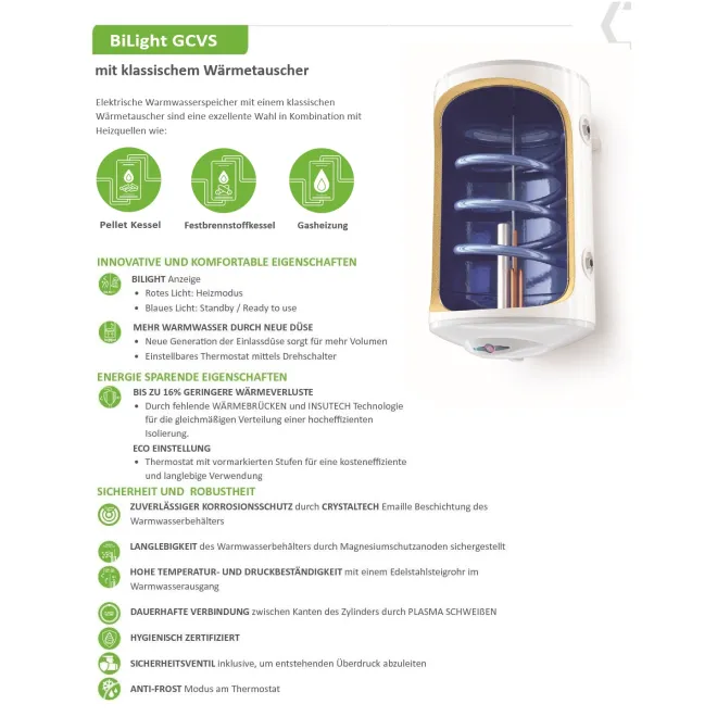 Wandhängender Kombiwarmwasserspeicher Boiler, kombinierte mit 1 Wärmetauscher und Elektrisch - 100 Liter Kombiwarmwasserspeicher - 1 Wärmetauscher GCVS1004420