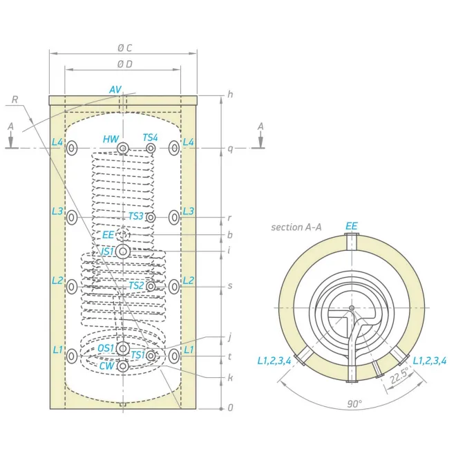 Kombipufferspeicher, Hygienespeicher mit Edelstahlwellrohr und 1 Wärmetauscher - Pufferspeicher zur legionellenfreien Trinkwasseraufbereitung 800 L Hygienespeicher mit 1 Wärmetauscher S 800 HYG