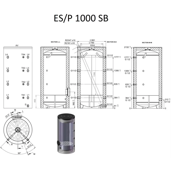 Pufferspeicher für Heizungsanlagen, ohne Wärmetauscher mit Isolierung. Extra Flanschanschluss und zusätzlicher Aufnahme für Elektroheizelement - Pufferspeicher mit Flansch 1000 Liter