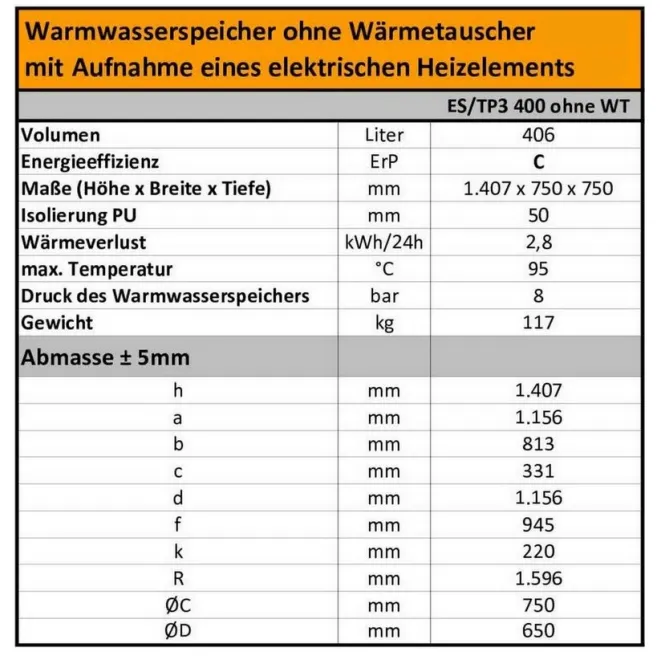 Warmwasserspeicher Standspeicher ohne Wärmetauscher 400 L Warmwasserspeicher ohne Wärmetauscher EV 400