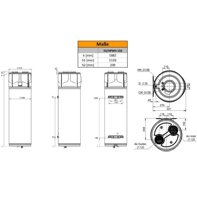 Kompakte WANDHÄNGENDE Luft Wasser Wärmepumpe - Brauchwasserwärmepumpe - 100 Liter Wärmepumpe HPWH 3.2 100