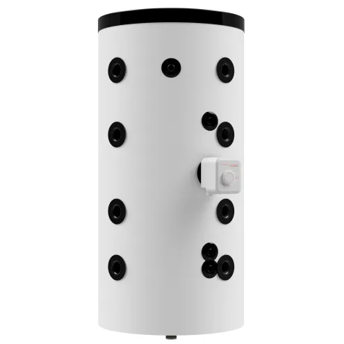 Pufferspeicher mit Aufnahme für Heizelement, feste Isolierung, weißer PVC-Mantel - Ideal für Wärmepumpen -