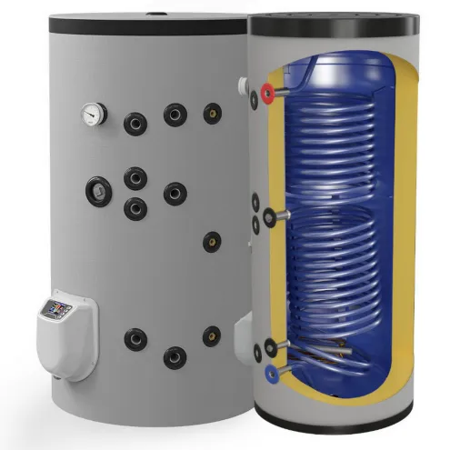 Kombispeicher mit intelligenter elektronischer Steuerung - Standspeicher Warmwasserspeicher leistungsstark mit 2 Wärmetauscher und Heizstab 3 bis 9 kW, mit Zirkulationsanschluß - 150 - 500 L Liter