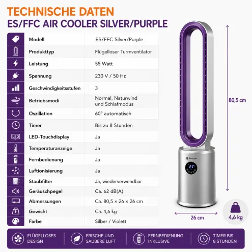 Ventilator mit Luftionisierung, Staubfilter, LED-Touchdisplay, Fernbedienung&nbsp;/&nbsp;ES/FFC Air Cooler Silver/Purple
