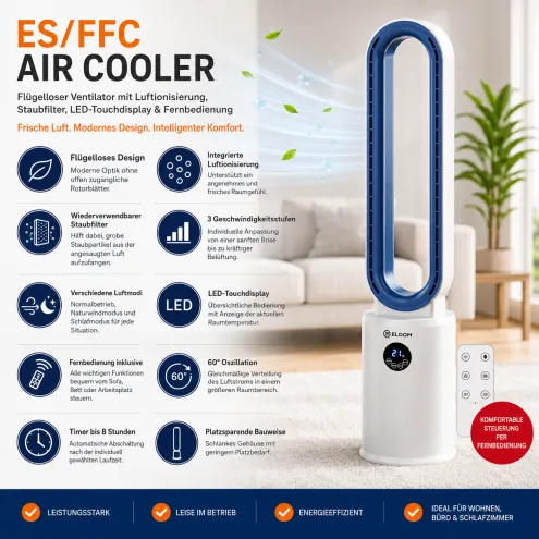 Ventilator mit Luftionisierung, Staubfilter, LED-Touchdisplay, Fernbedienung&nbsp;/&nbsp;ES/FFC Air Cooler White/Blue