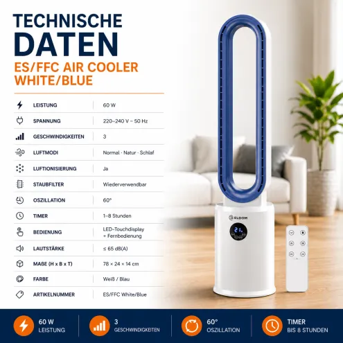 Ventilator mit Luftionisierung, Staubfilter, LED-Touchdisplay, Fernbedienung&nbsp;/&nbsp;ES/FFC Air Cooler White/Blue