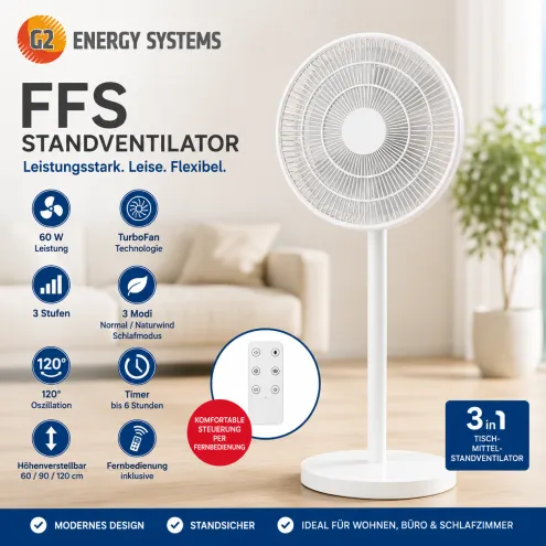 Standventilator mit TurboFan – Höhenverstellbar bis 120 cm | 60 W | Fernbedienung | 120° Oszillation | Leiser Betrieb