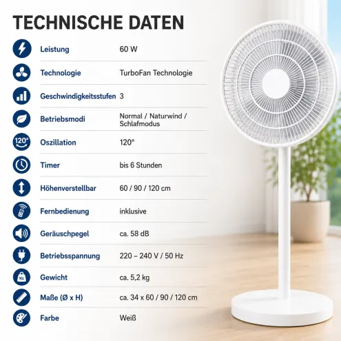 Standventilator mit TurboFan – Höhenverstellbar bis 120 cm | 60 W | Fernbedienung | 120° Oszillation | Leiser Betrieb
