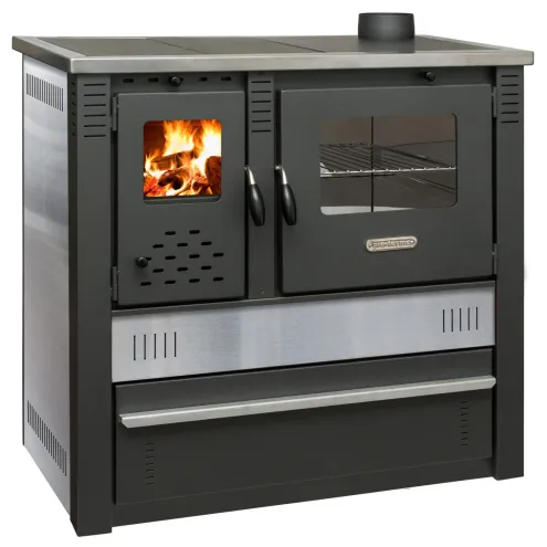 Holzbefeuerter Küchenofen mit Schamottauskleidung und Backfach - 10,5 kW Heizleistung - BImSchV Stufe 2 - Edelstahlverkleidung
