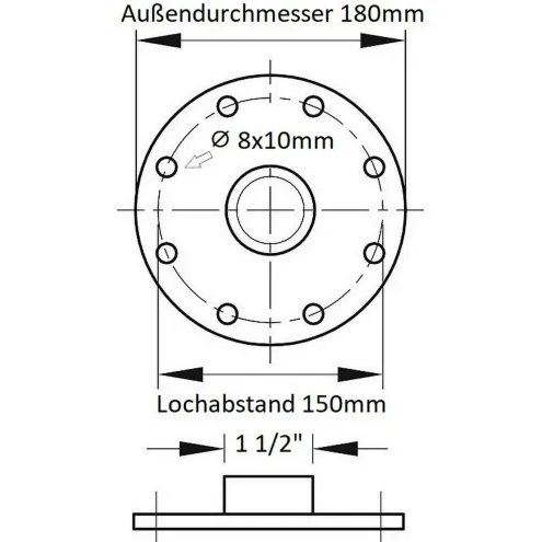 Flanschdeckel mit 1 1/2 Zoll Aufnahme mit Dichtung - Adapter Flanschplatte 6/4 Zoll - 8 Loch - 150mm